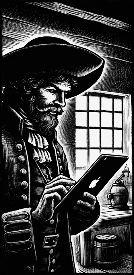 A woodcut style illustration of a smuggler holding an iPad.